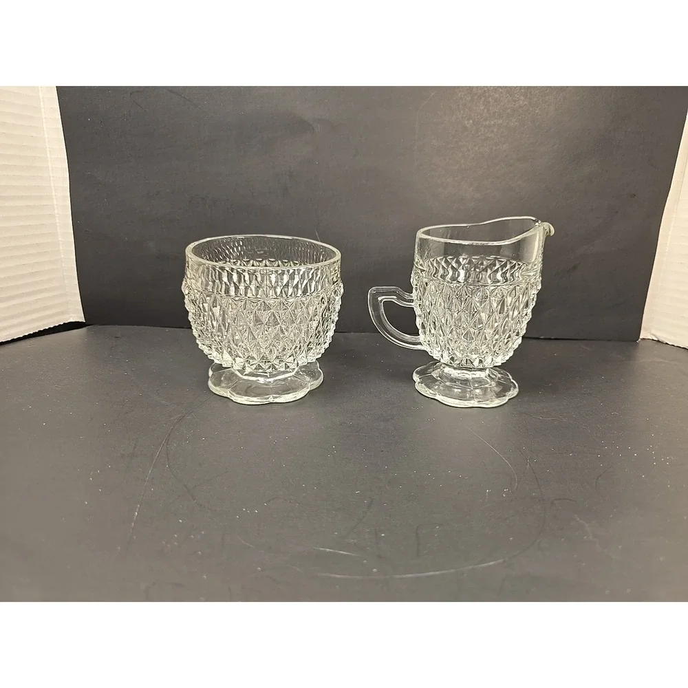 Vintage Indiana Glass Clear Diamond Point Glass Creamer and Open Sugar Bowl‎